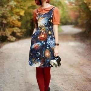 ModCloth Galaxy Space Universe Solar System Fit Flare Dress Pockets Retro Size S